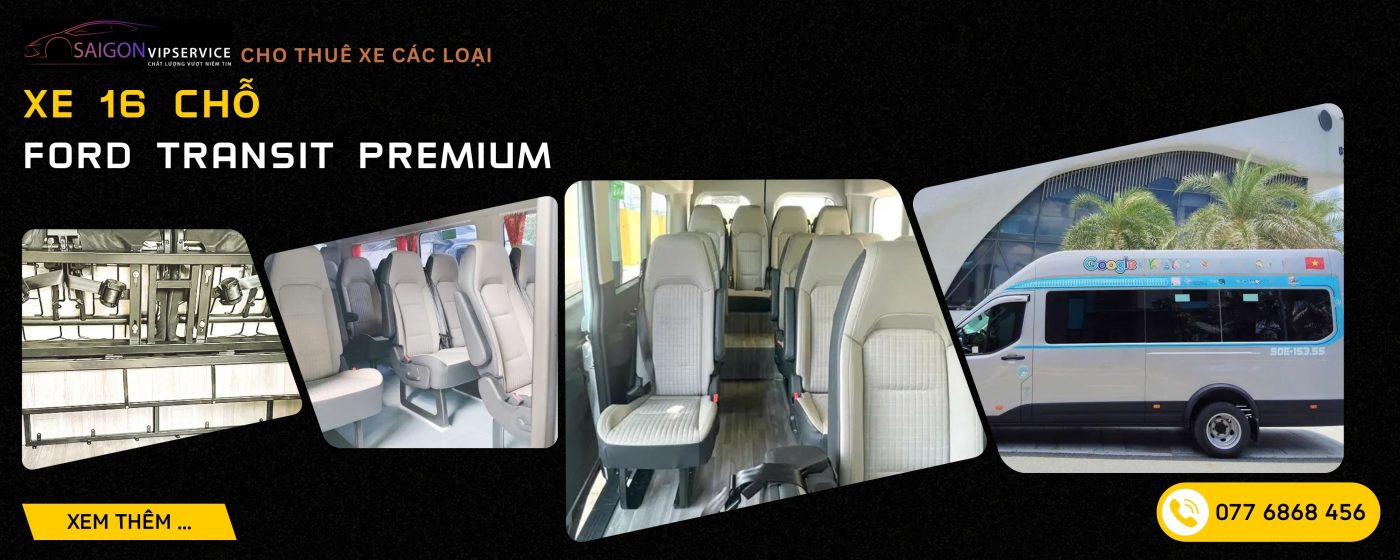 Xe 16 chỗ Ford Transit Premium với nội thất ghế sáng màu và ngoại thất xe du lịch