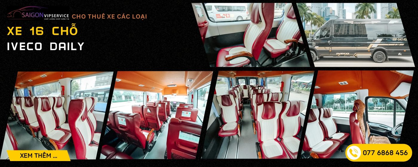 Xe 16 chỗ Iveco Daily với khoang ghế rộng, nội thất đỏ trắng