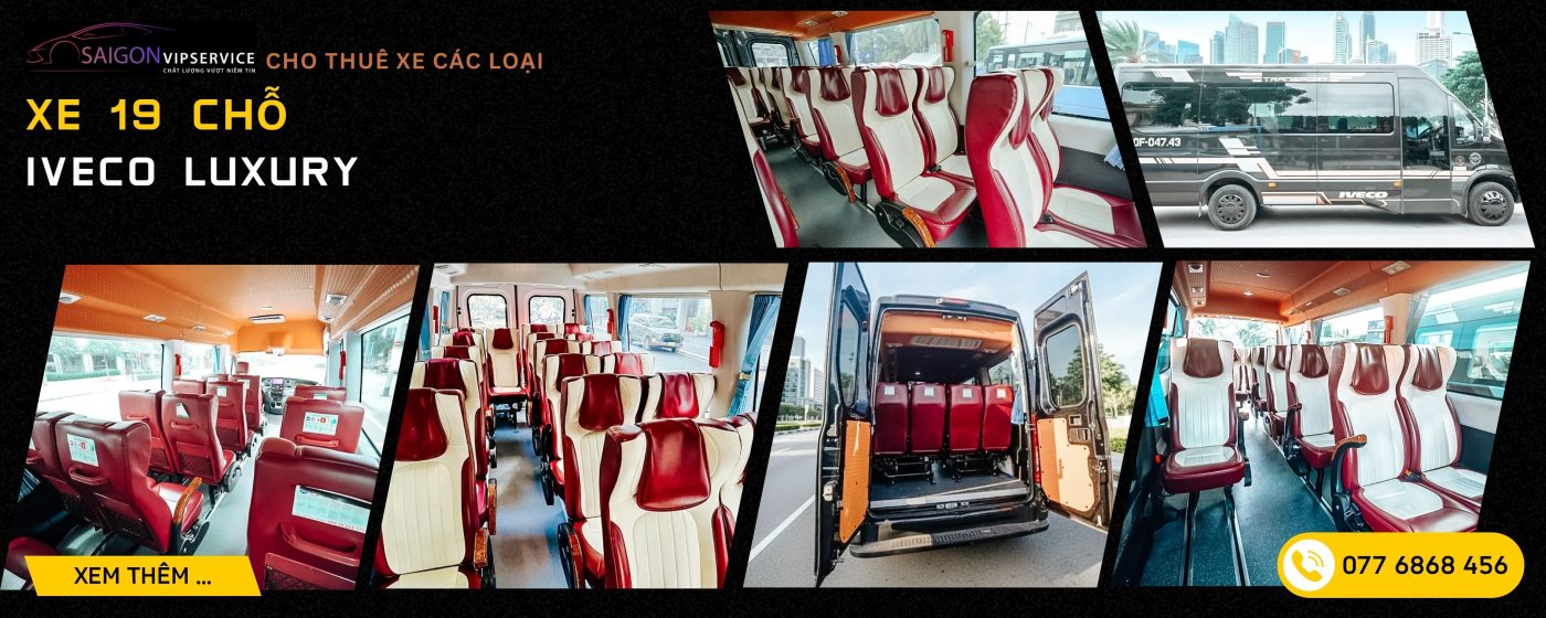 Xe 19 chỗ Iveco với nội thất ghế da đỏ trắng dành cho khách
