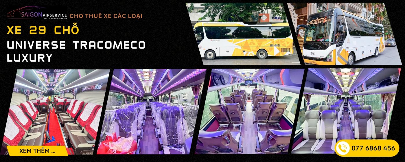 Xe 29 chỗ Universe Tracomeco với nội thất sang trọng và đèn trần hiện đại