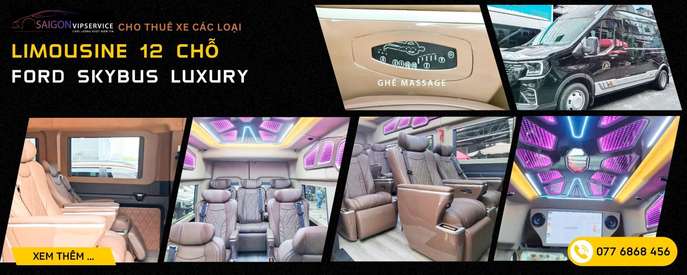 Ford Skybus Luxury 12 chỗ với ghế massage, nội thất da cao cấp và đèn trần hiện đại