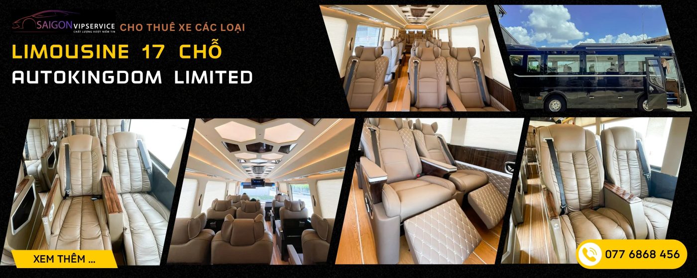 Limousine 17 chỗ Autokingdom Limited với ghế da ngả lưng, không gian rộng và ngoại thất sang trọng