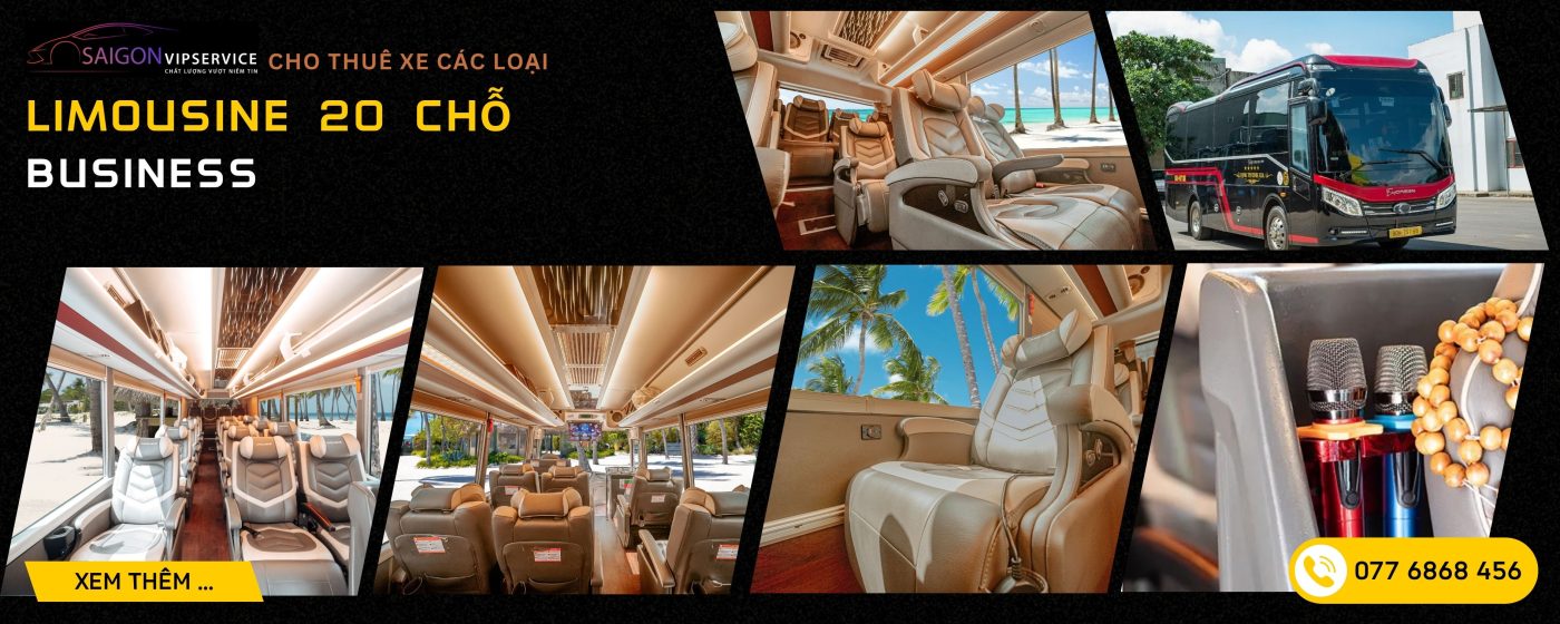 Limousine 20 chỗ Business với ghế da êm ái, nội thất sáng màu và tiện ích dành cho đoàn khách