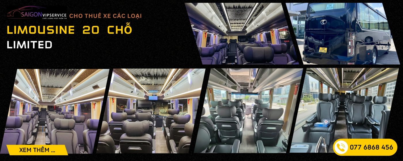Limousine 20 chỗ Limited với nội thất ghế da tối màu, đèn trần hiện đại và không gian rộng rãi