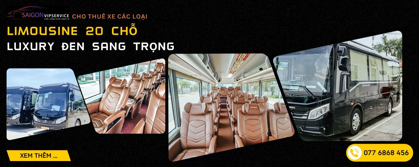 Limousine 20 chỗ Luxury màu đen sang trọng với ghế da cao cấp và khoang xe tiện nghi