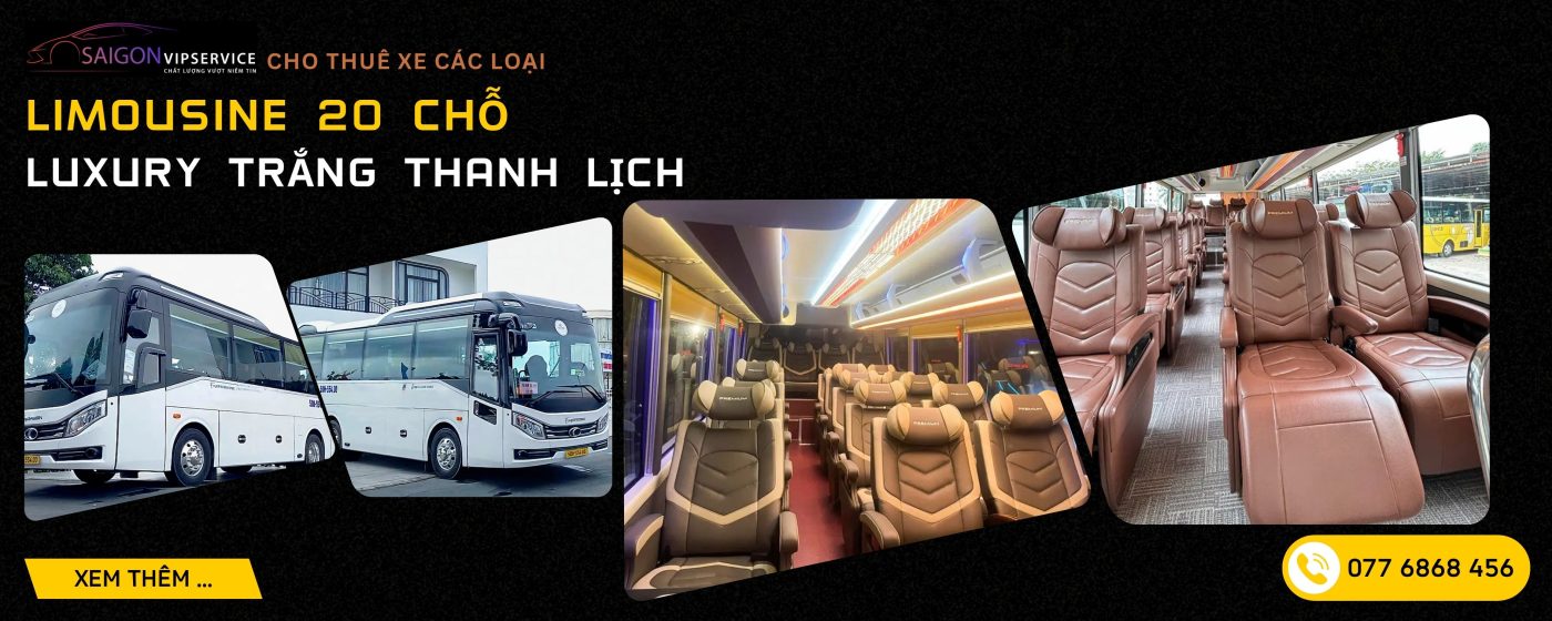Limousine 20 chỗ Luxury màu trắng thanh lịch với ghế da nâu, khoang xe rộng và thiết kế cao cấp