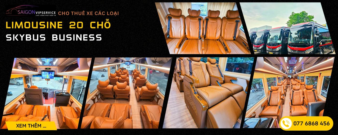 Limousine 20 chỗ Skybus Business với ghế da cam, màn hình giải trí và khoang xe hiện đại