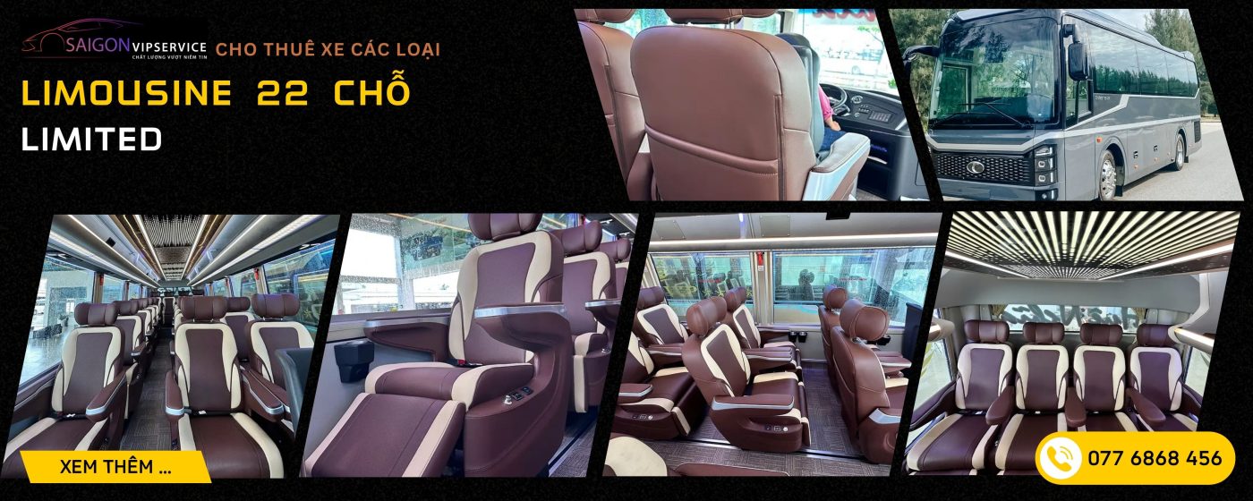 Limousine 22 chỗ Limited với ghế da cao cấp, không gian rộng rãi và ngoại thất xe du lịch hiện đại
