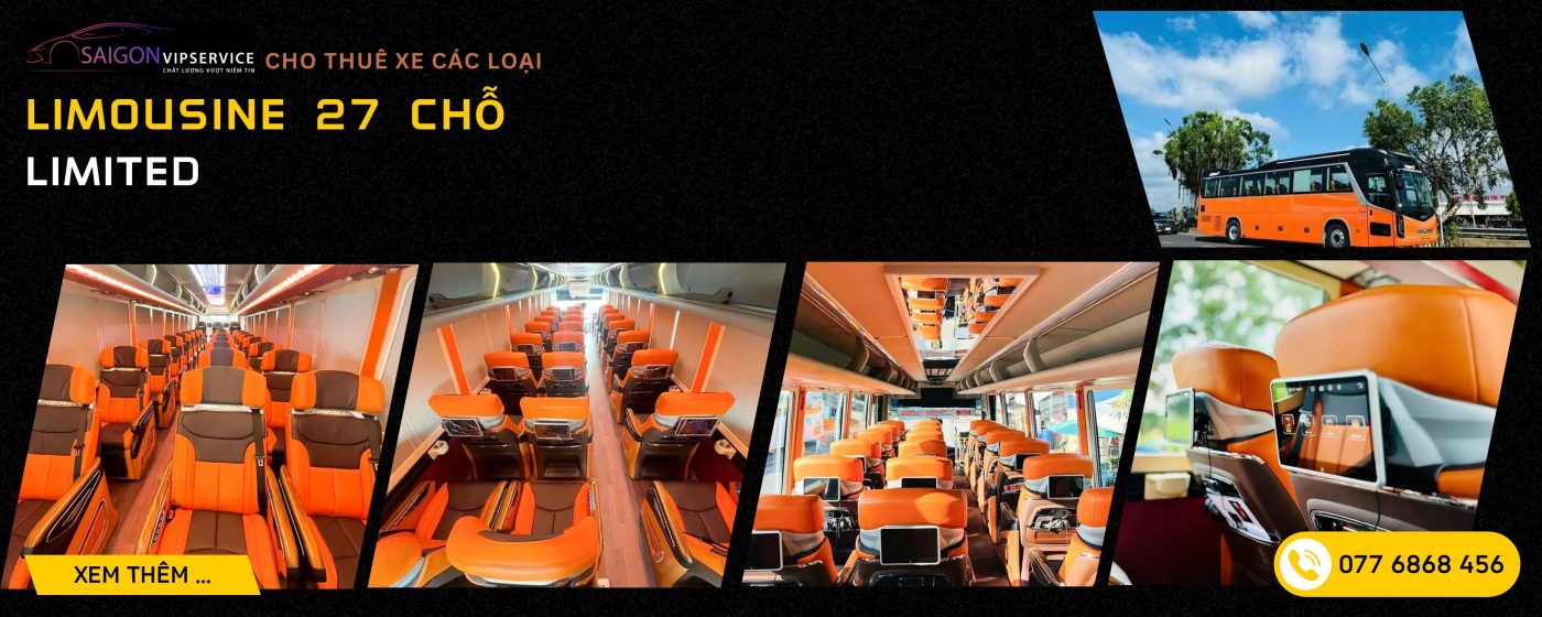 Limousine 27 chỗ Limited với ghế da cam nổi bật, màn hình sau ghế và khoang xe hiện đại