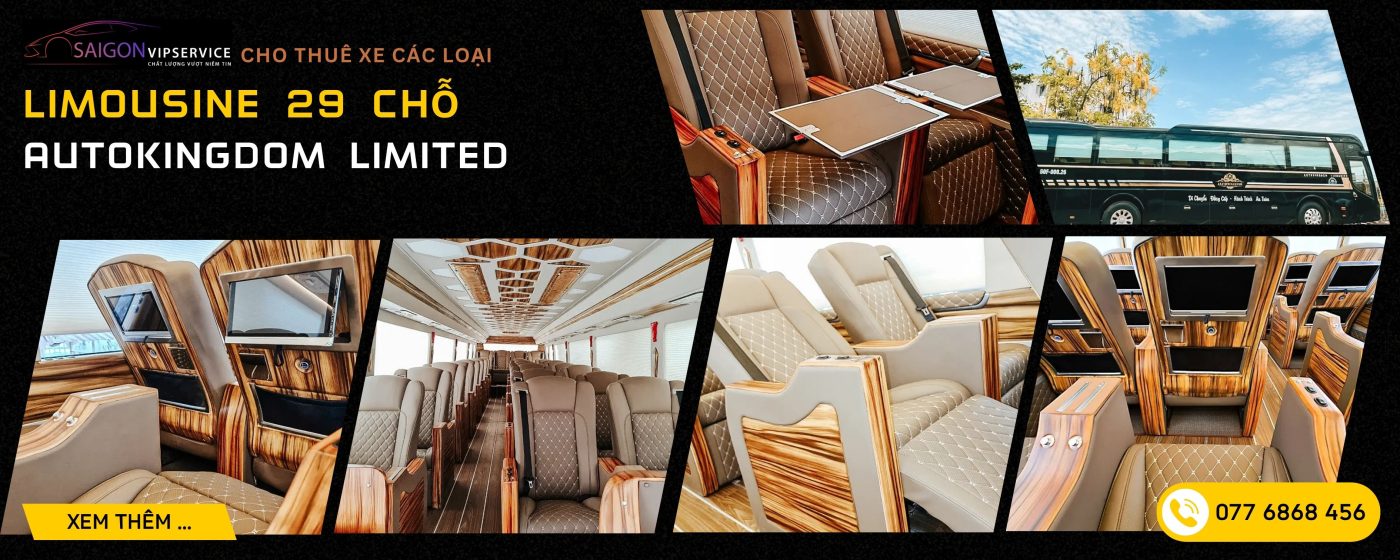 Xe AutoKingdom Limited 29 chỗ với ghế da cao cấp, bàn gấp và màn hình giải trí riêng