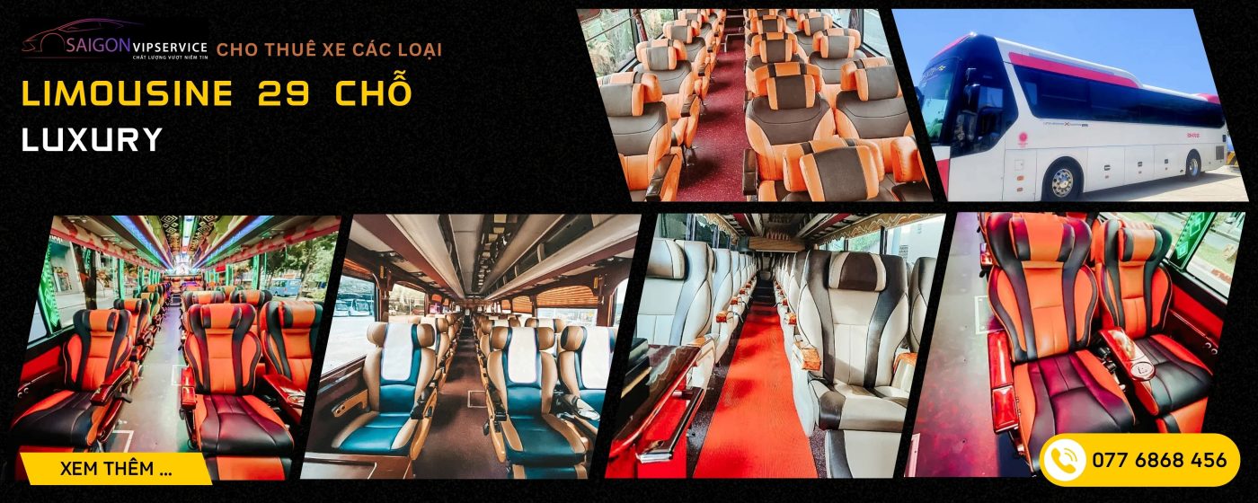 Xe Luxury 29 chỗ với ghế da cam đen, nội thất hiện đại và ngoại thất xe du lịch cao cấp