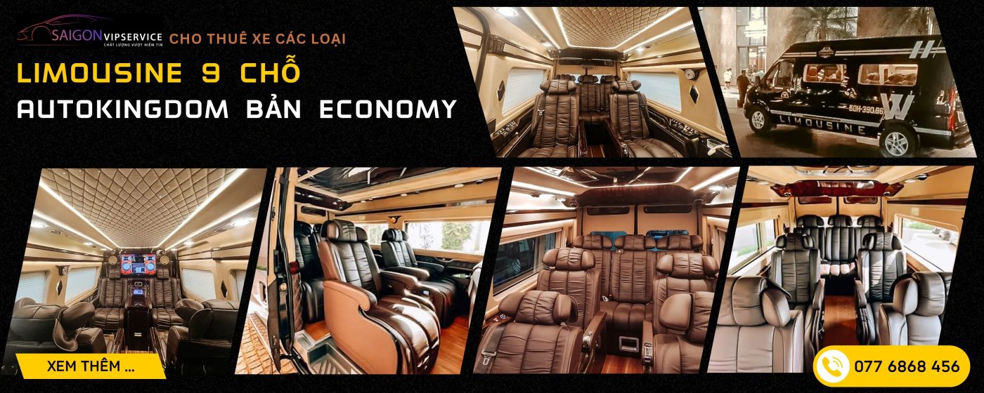 AutoKingdom Economy 9 chỗ với nội thất ghế da nâu và không gian thoải mái, biểu tượng dịch vụ cho thuê xe TPHCM