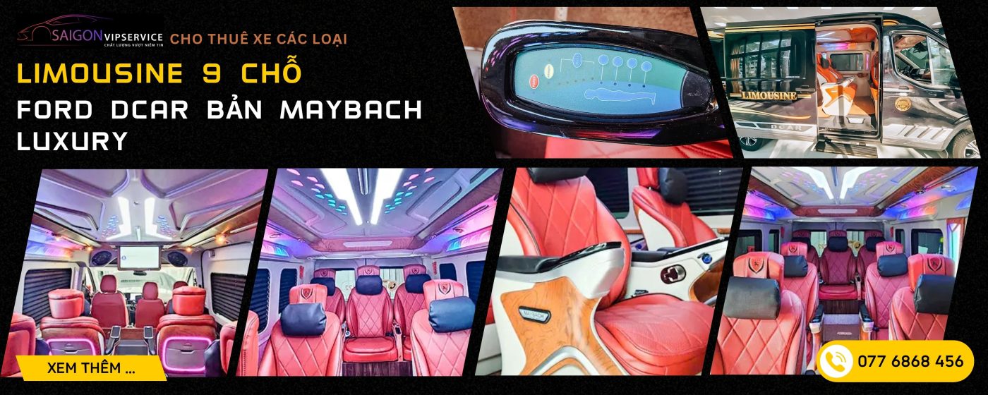 Ford DCar Maybach 9 chỗ Luxury với nội thất da đỏ, đèn trần hiện đại và khoang VIP cao cấp