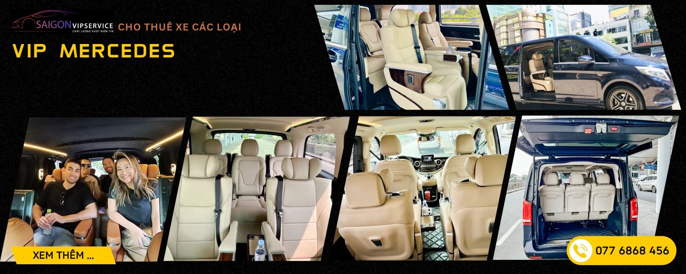 Xe VIP Mercedes với nội thất ghế da màu kem, không gian tiện nghi dành cho khách cao cấp