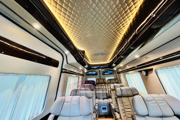 Khoang xe AutoKingdom 12 chỗ với ghế da cao cấp và hệ trần ánh sáng vàng