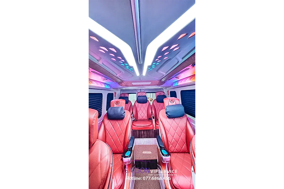 Khoang hành khách xe Ford DCar Maybach 9 chỗ với trần đèn LED kéo dài