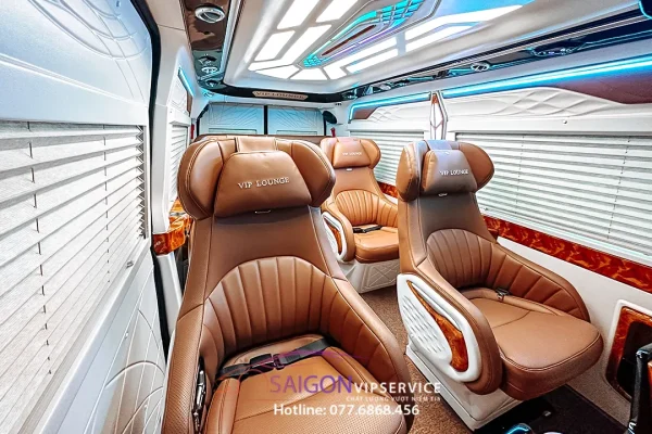 Nội thất Ford DCar VIP Lounge 9 chỗ với ghế da nâu và hệ thống đèn trần