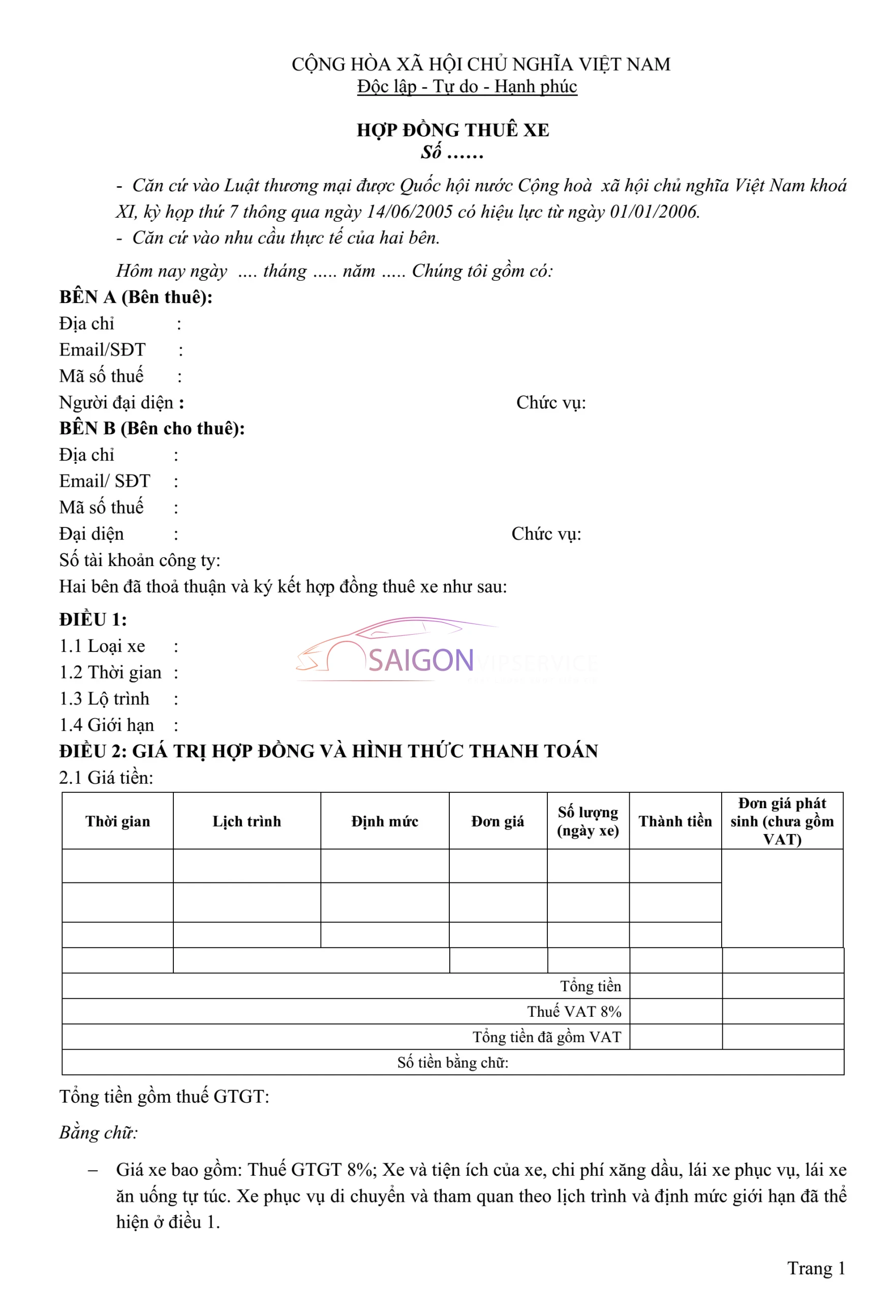 Hợp đồng thuê xe mẫu của Saigon VIP Service với các điều khoản minh bạch, rõ ràng