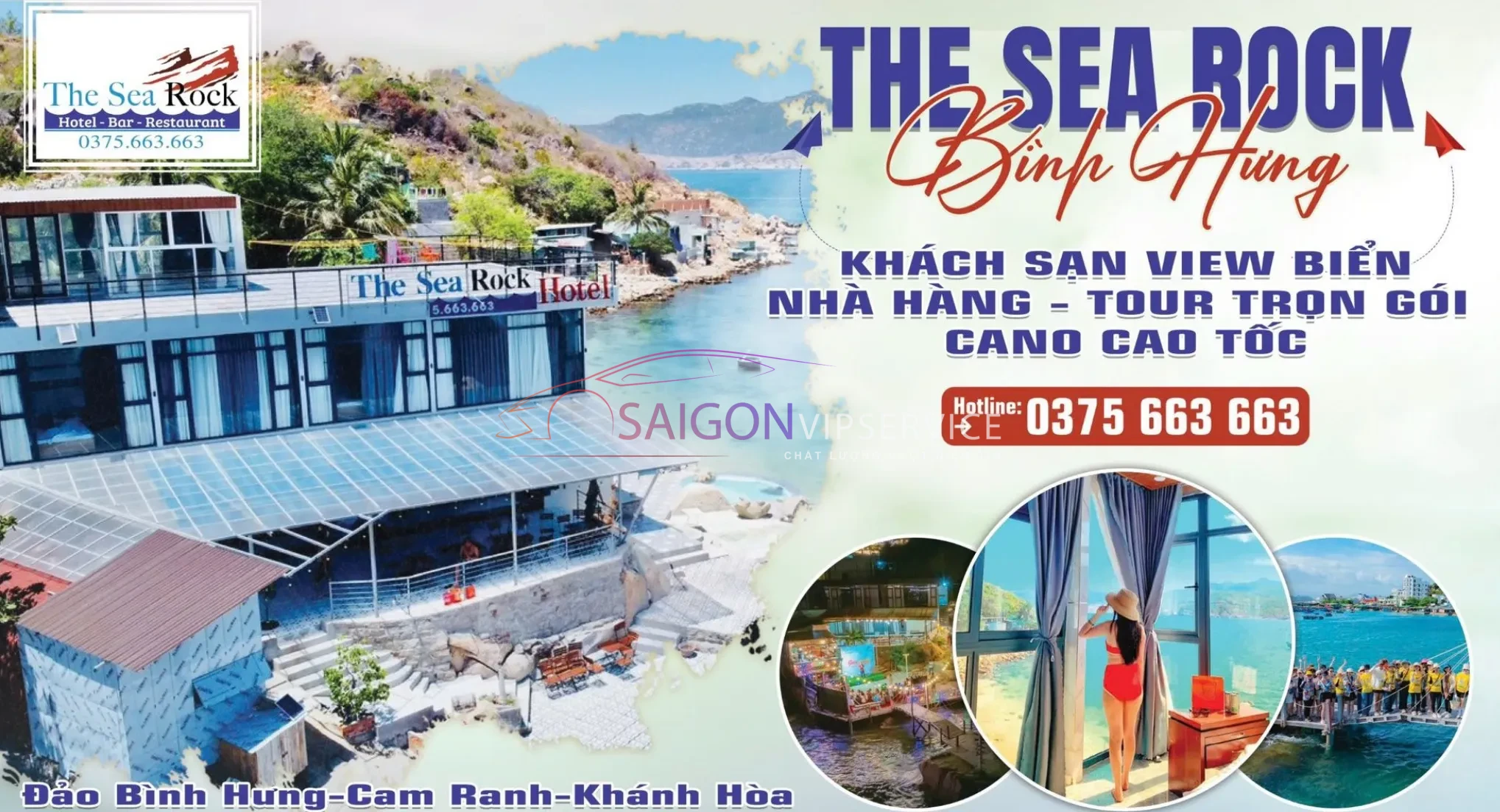The Sea Rock Bình Hưng với bảng hiệu khu lưu trú hướng biển, điểm dừng chân cho du khách khi đến đảo là điểm đến quen thuộc khi cần thuê nhà nghỉ khách sạn trên đảo