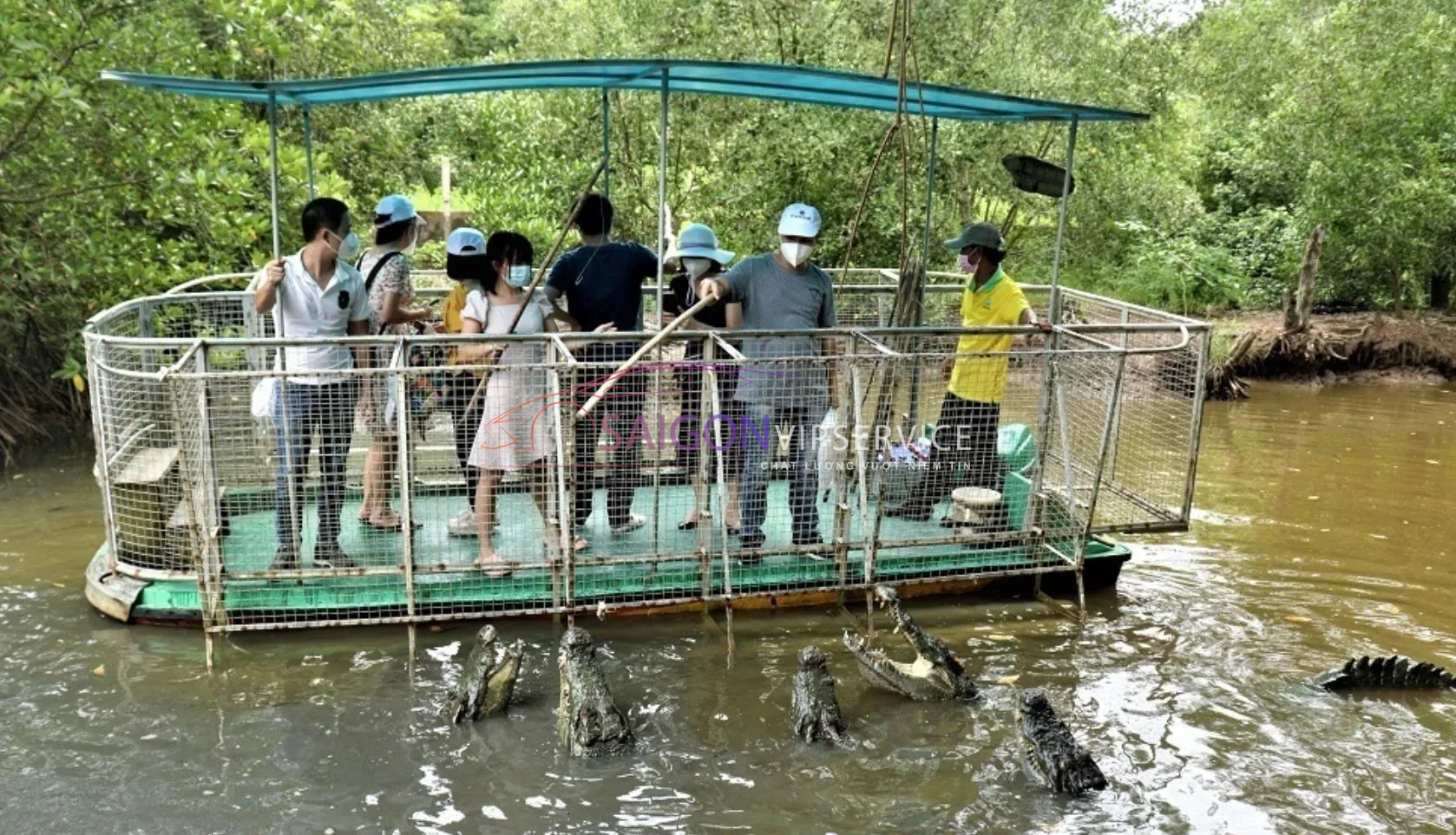 Nhóm du khách đang hào hứng trải nghiệm hoạt động câu cá sấu trên cầu phao tại khu du lịch sinh thái Vàm Sát, Cần Giờ.