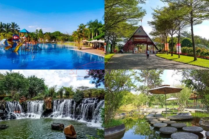 Tổ hợp cảnh quan công viên xanh mát và hồ bơi hiện đại bên trong Khu du lịch sinh thái Thác Giang Điền