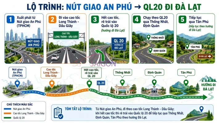 Sơ đồ đồ họa (infographic) hướng dẫn chi tiết lộ trình lái xe và các nút giao từ Nút giao An Phú hướng đi Quốc lộ 20.